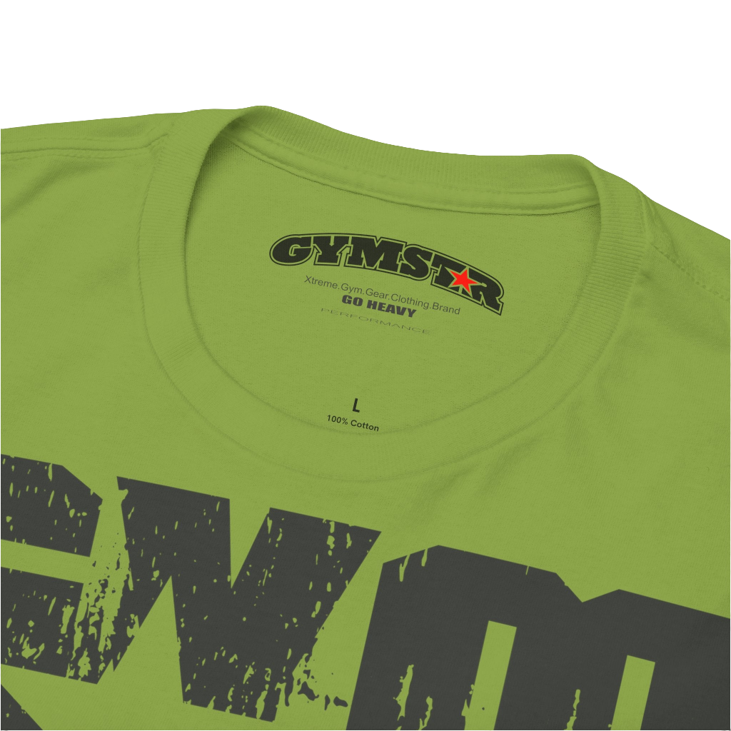A kiwi Gymstar t-shirt with the text 'GYM' printed on the front, along with graphics of a weightlifter and dumbbells. Close up view.