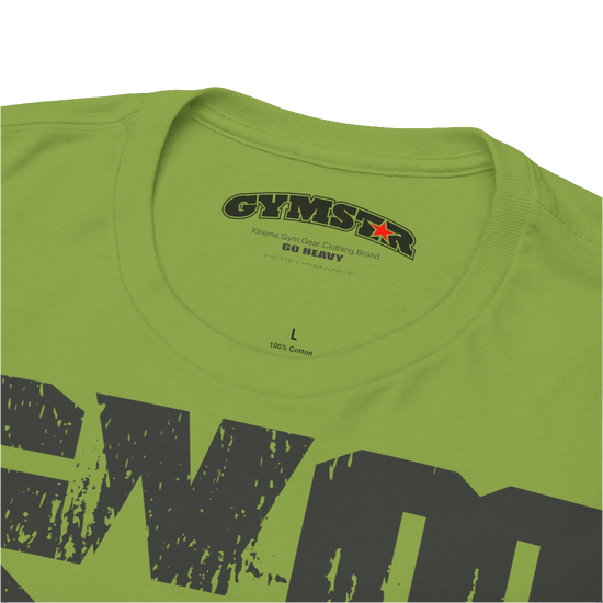 A kiwi Gymstar t-shirt with the text 'GYM' printed on the front, along with graphics of a weightlifter and dumbbells. Close up view.