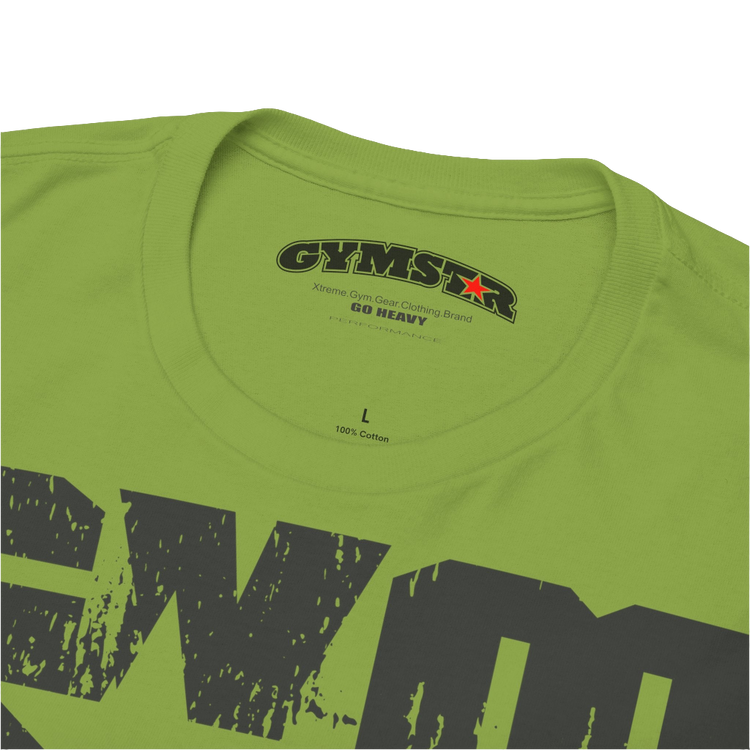 A kiwi Gymstar t-shirt with the text 'GYM' printed on the front, along with graphics of a weightlifter and dumbbells. Close up view.
