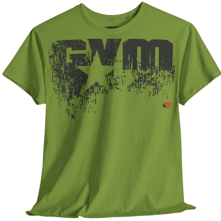 A kiwi Gymstar t-shirt with the text 'GYM' printed on the front, along with graphics of a weightlifter and dumbbells. front view.