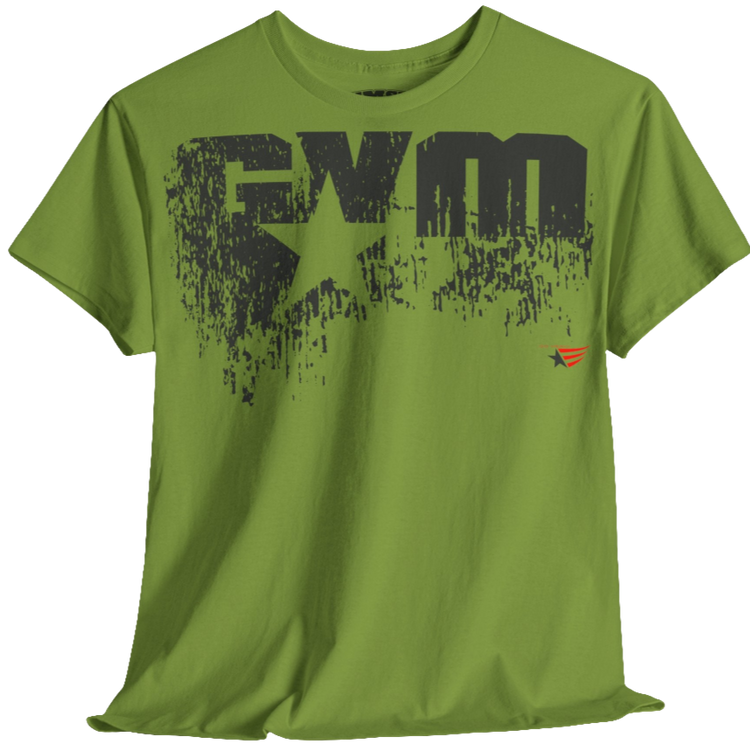 A kiwi Gymstar t-shirt with the text 'GYM' printed on the front, along with graphics of a weightlifter and dumbbells. front view.
