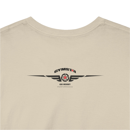 A beige Gymstar t-shirt with the text 'GYM' printed on the front, along with graphics of a weightlifter and dumbbells. Rear close up view.