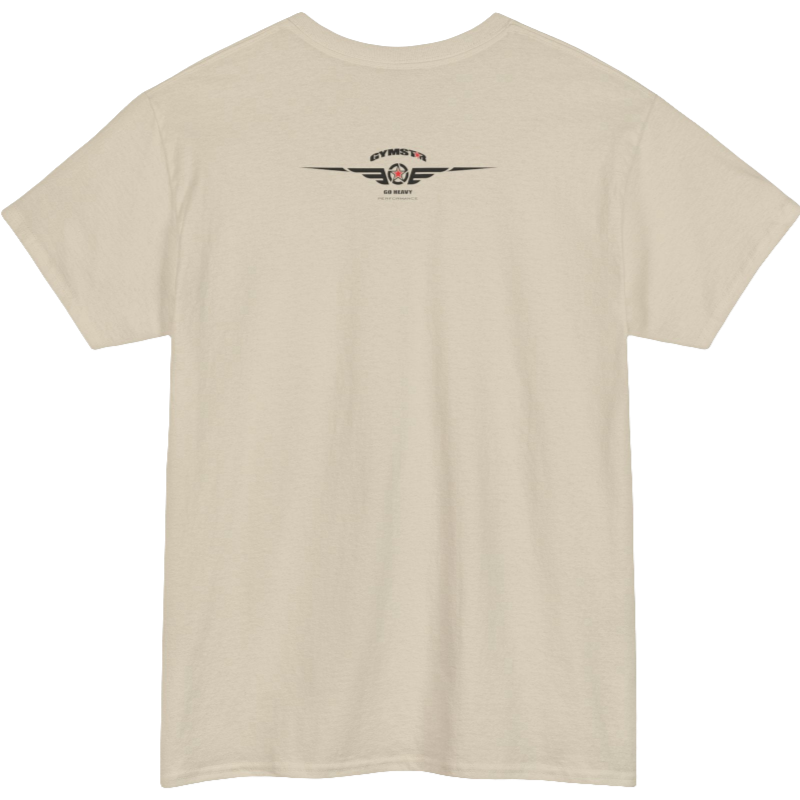A beige Gymstar t-shirt with the text 'GYM' printed on the front, along with graphics of a weightlifter and dumbbells. Rear view.