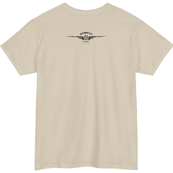 A beige Gymstar t-shirt with the text 'GYM' printed on the front, along with graphics of a weightlifter and dumbbells. Rear view.