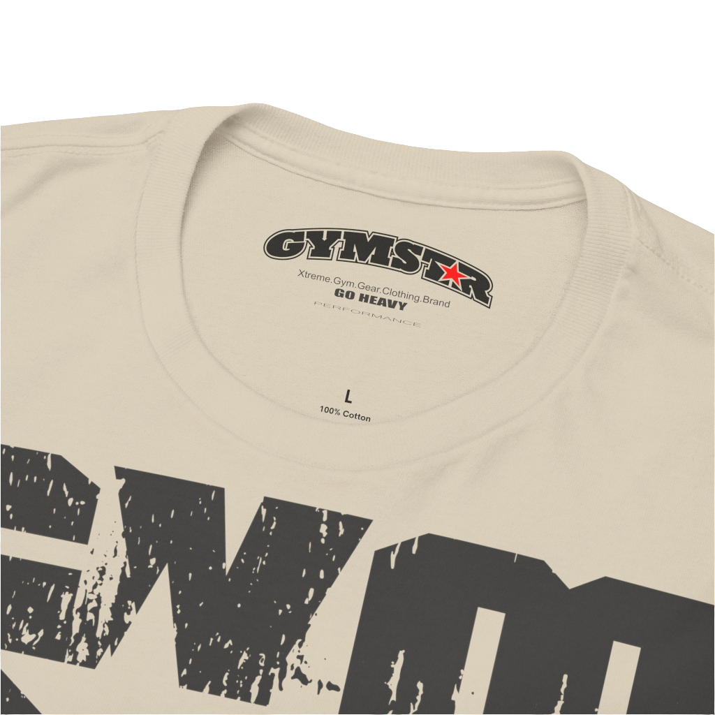 A beige Gymstar t-shirt with the text 'GYM' printed on the front, along with graphics of a weightlifter and dumbbells. Close up view.