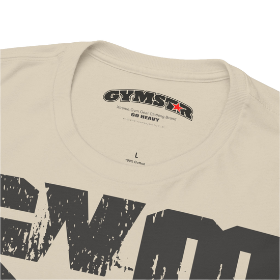 A beige Gymstar t-shirt with the text 'GYM' printed on the front, along with graphics of a weightlifter and dumbbells. Close up view.