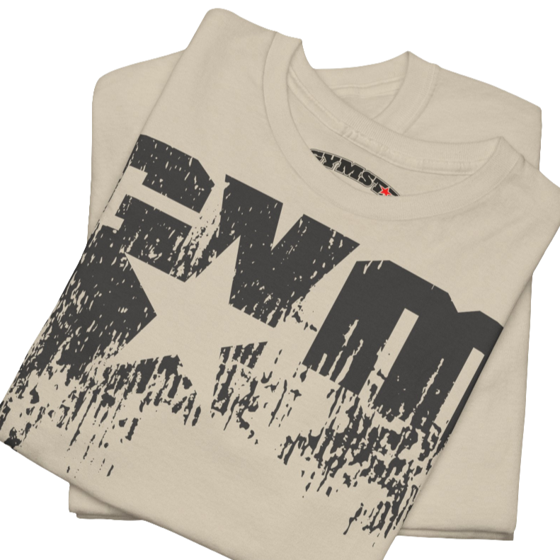A beige Gymstar t-shirt with the text 'GYM' printed on the front, along with graphics of a weightlifter and dumbbells. Close up front view.