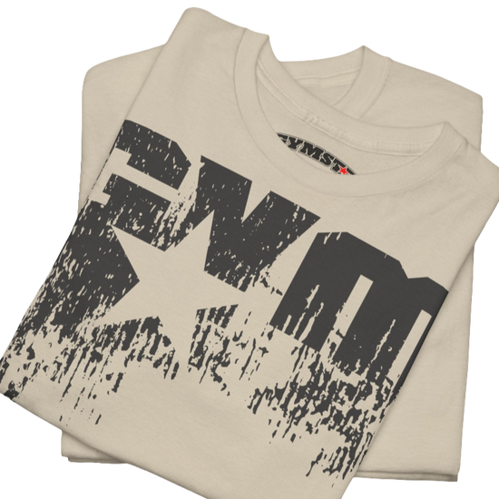 A beige Gymstar t-shirt with the text 'GYM' printed on the front, along with graphics of a weightlifter and dumbbells. Close up front view.