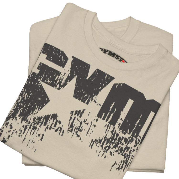 A beige Gymstar t-shirt with the text 'GYM' printed on the front, along with graphics of a weightlifter and dumbbells. Close up front view.