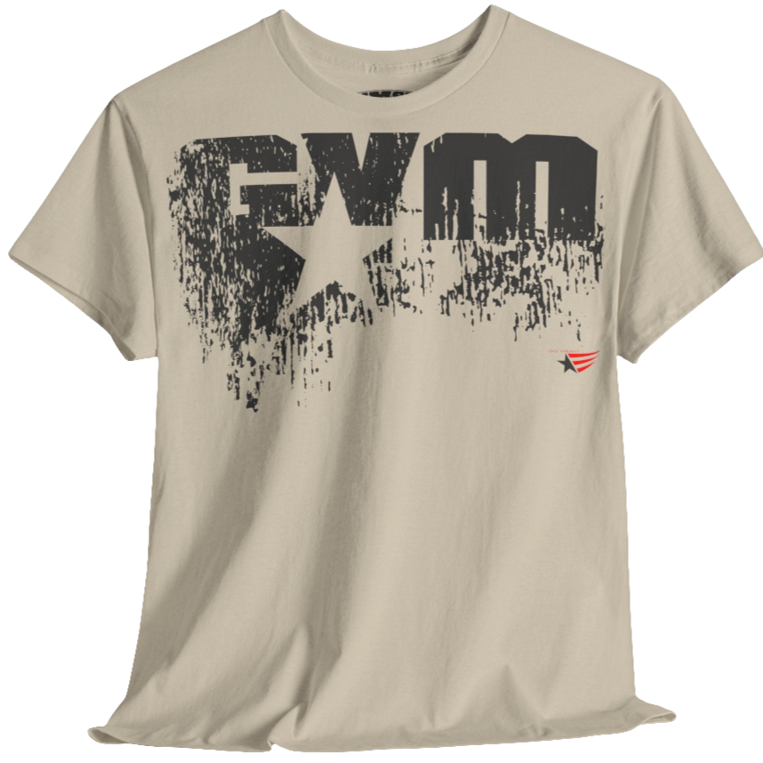 A beige Gymstar t-shirt with the text 'GYM' printed on the front, along with graphics of a weightlifter and dumbbells. front view.