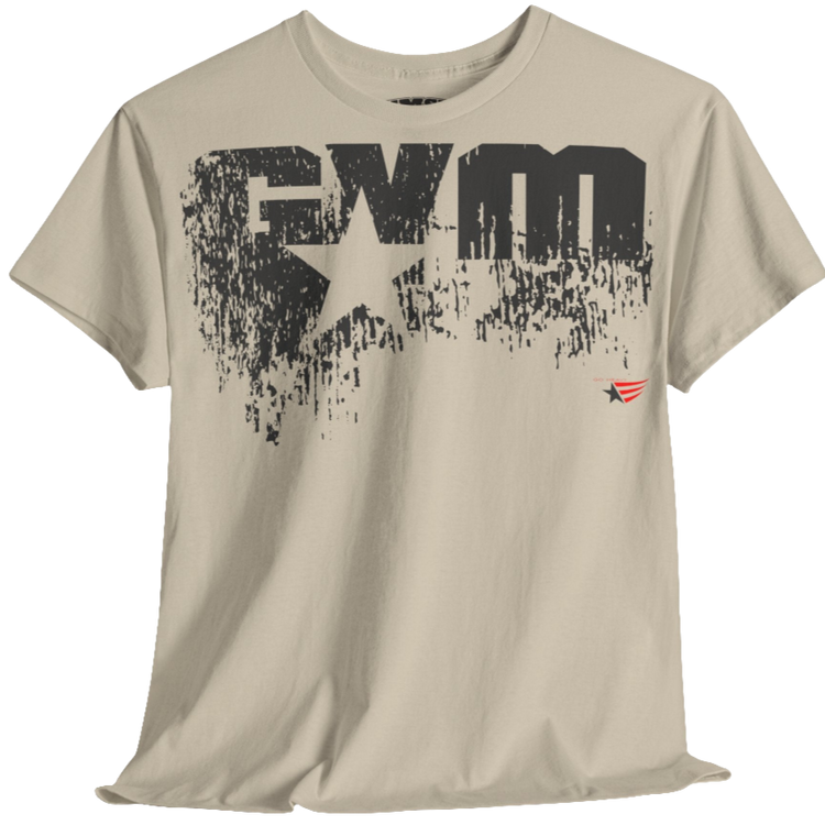 A beige Gymstar t-shirt with the text 'GYM' printed on the front, along with graphics of a weightlifter and dumbbells. front view.