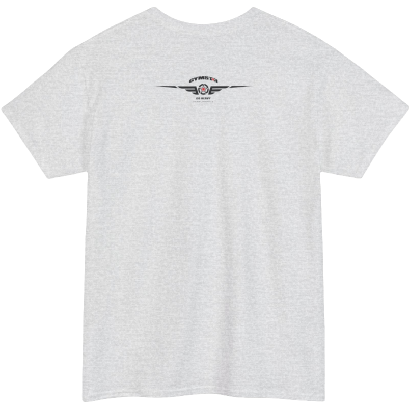 A silver grey Gymstar t-shirt with the text 'GYM' printed on the front, along with graphics of a weightlifter and dumbbells. Rare view.
