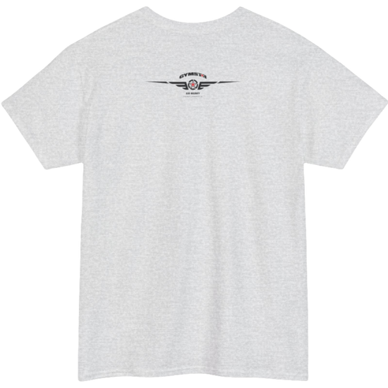 A silver grey Gymstar t-shirt with the text 'GYM' printed on the front, along with graphics of a weightlifter and dumbbells. Rare view.