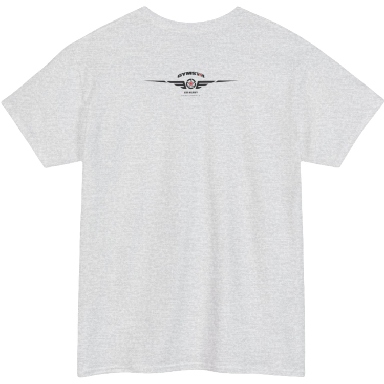 A silver grey Gymstar t-shirt with the text 'GYM' printed on the front, along with graphics of a weightlifter and dumbbells. Rare view.
