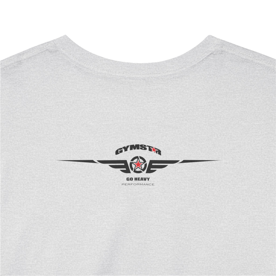 A silver grey Gymstar t-shirt with the text 'GYM' printed on the front, along with graphics of a weightlifter and dumbbells. Close up rare view.