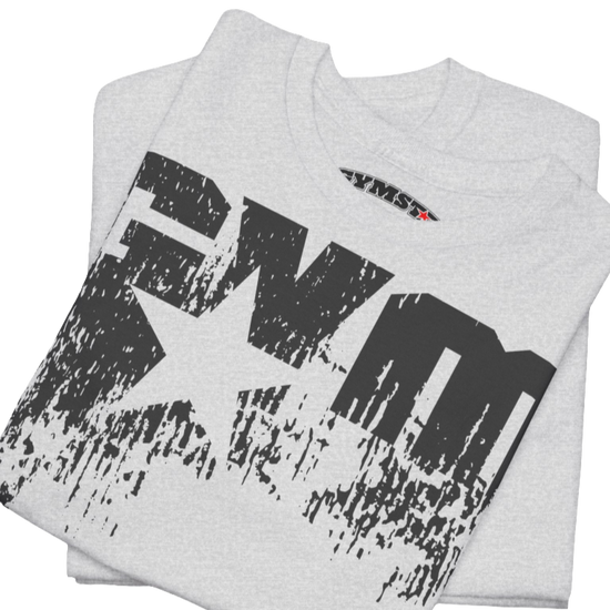 A silver grey Gymstar t-shirt with the text 'GYM' printed on the front, along with graphics of a weightlifter and dumbbells. Close up front view.