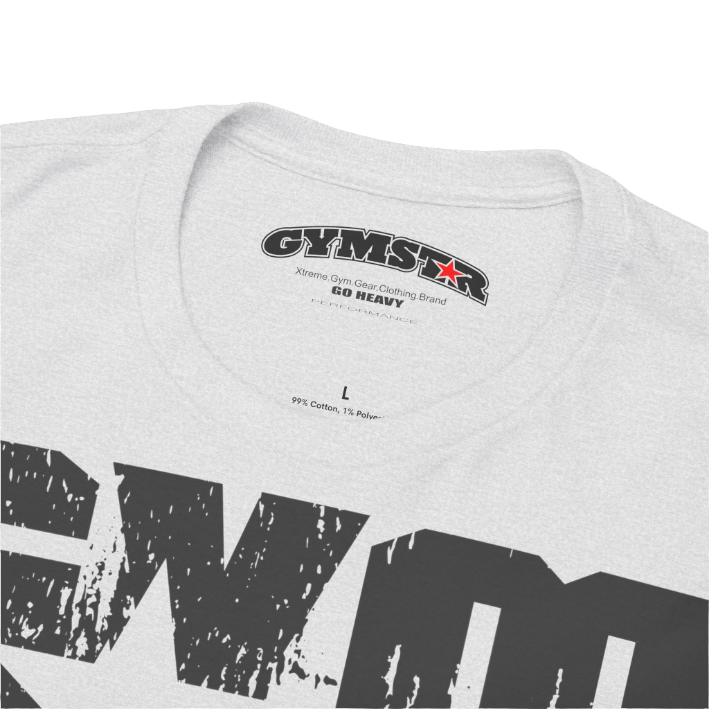 A silver grey Gymstar t-shirt with the text 'GYM' printed on the front, along with graphics of a weightlifter and dumbbells. Close up view.