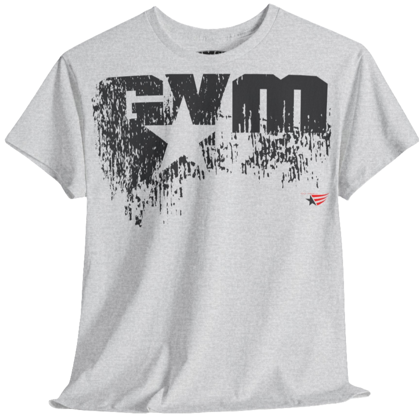 A silver grey Gymstar t-shirt with the text 'GYM' printed on the front, along with graphics of a weightlifter and dumbbells. front view.