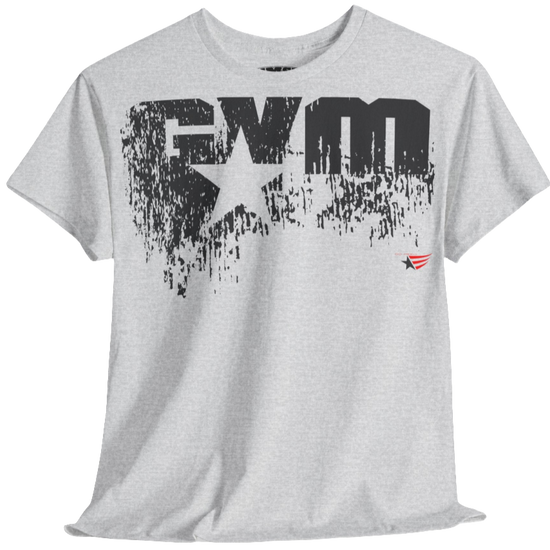 A silver grey Gymstar t-shirt with the text 'GYM' printed on the front, along with graphics of a weightlifter and dumbbells. front view.