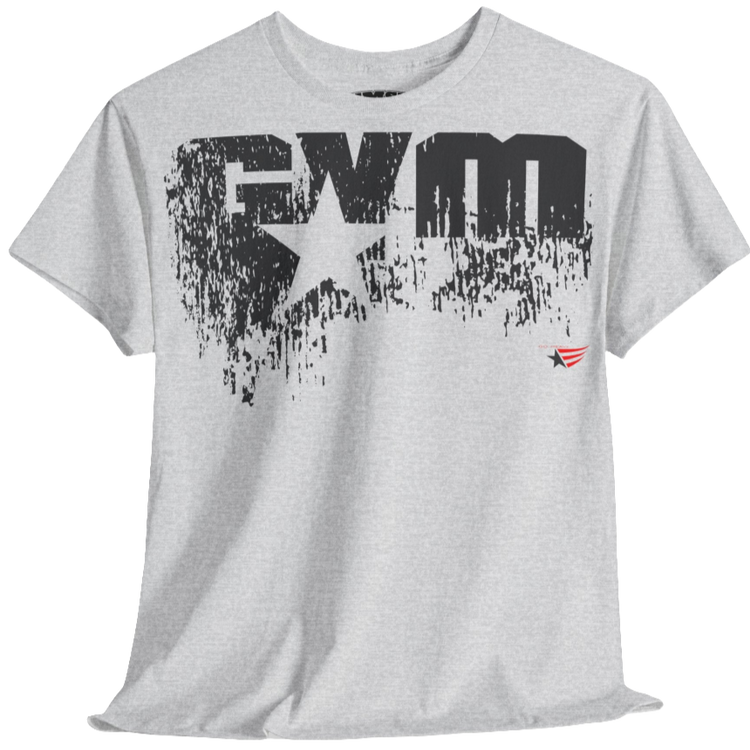 A silver grey Gymstar t-shirt with the text 'GYM' printed on the front, along with graphics of a weightlifter and dumbbells. front view.