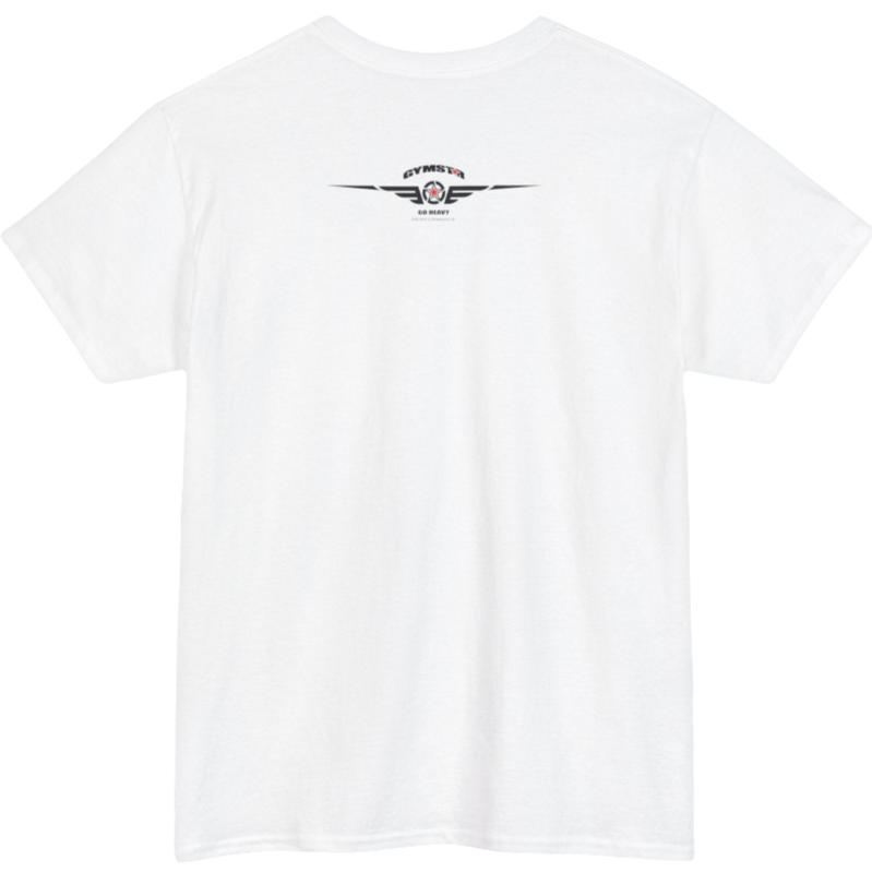 A white Gymstar t-shirt with the text 'GYM' printed on the front, along with graphics of a weightlifter and dumbbells. Rear view.