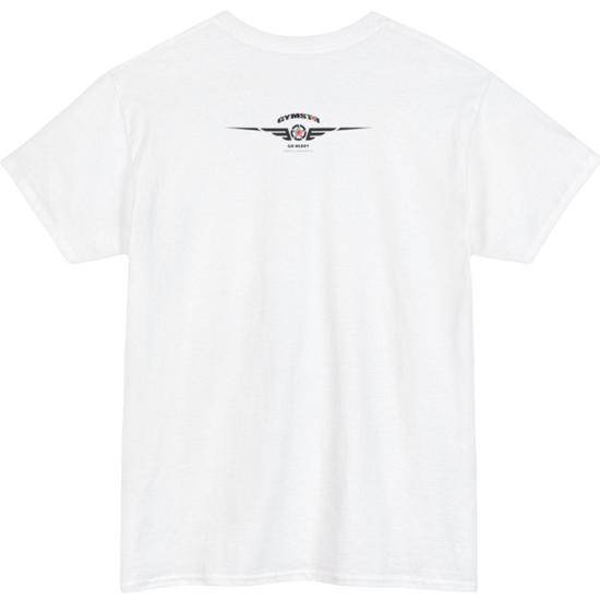 A white Gymstar t-shirt with the text 'GYM' printed on the front, along with graphics of a weightlifter and dumbbells. Rear view.