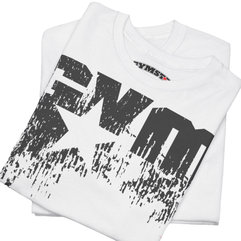 A white Gymstar t-shirt with the text 'GYM' printed on the front, along with graphics of a weightlifter and dumbbells. Close up front view.