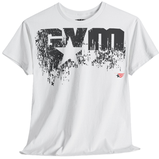 A white Gymstar t-shirt with the text 'GYM' printed on the front, along with graphics of a weightlifter and dumbbells. front view.