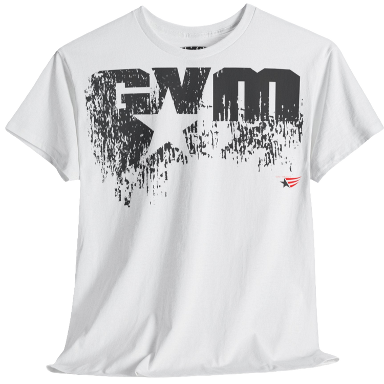 A white Gymstar t-shirt with the text 'GYM' printed on the front, along with graphics of a weightlifter and dumbbells. front view.