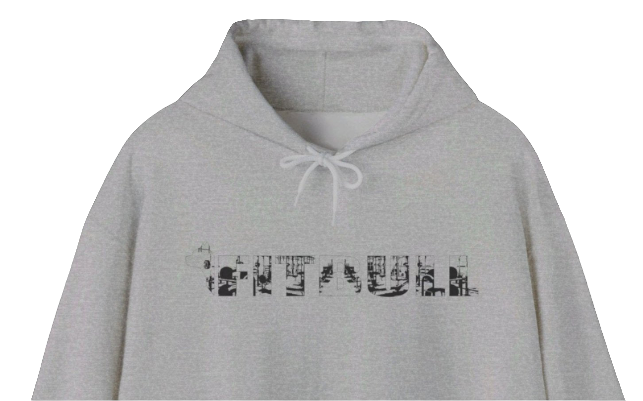 a grey, sporty hoodie for bodybuilding and fitness training of the brand Fitbull, branded with the company logo front view