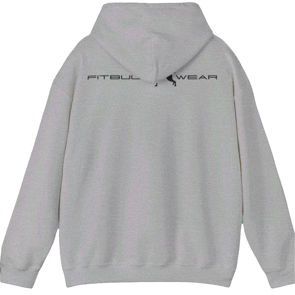 a grey, sporty hoodie for bodybuilding and fitness training of the brand Fitbull, branded with the company logo back view