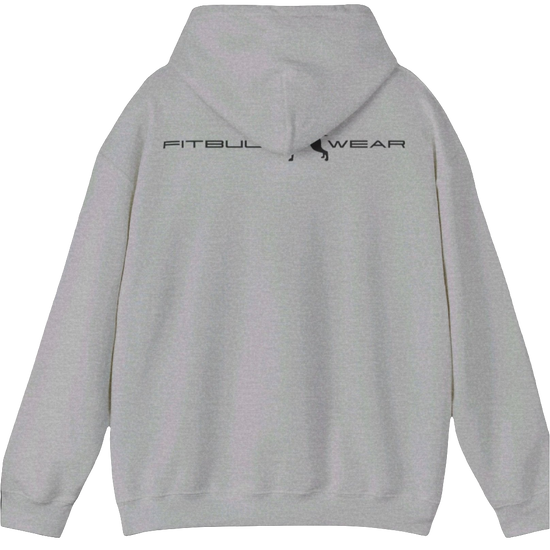 a grey, sporty hoodie for bodybuilding and fitness training of the brand Fitbull, branded with the company logo back view