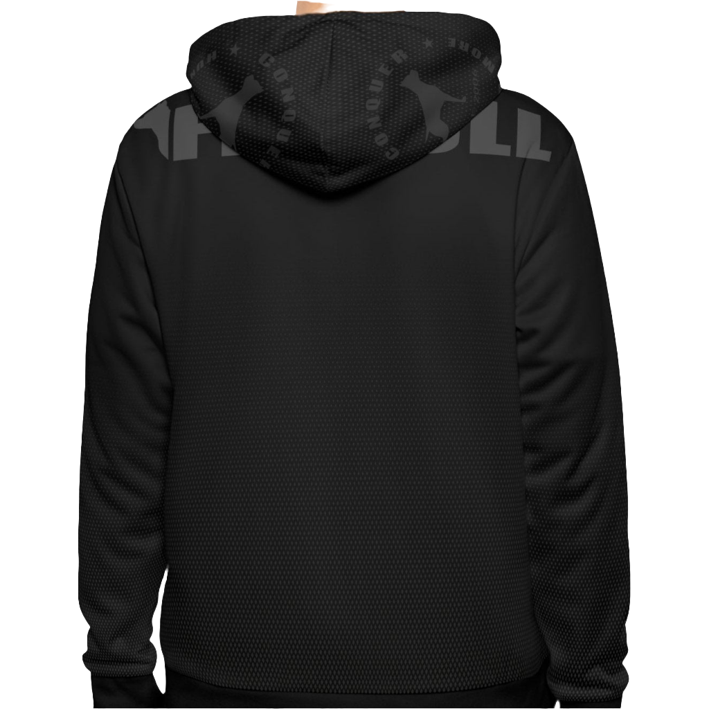 a Fitbull black hoodie with motivation Unleash The Beast print back side close up view