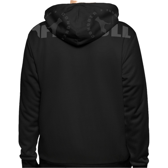 a Fitbull black hoodie with motivation Unleash The Beast print back side close up view