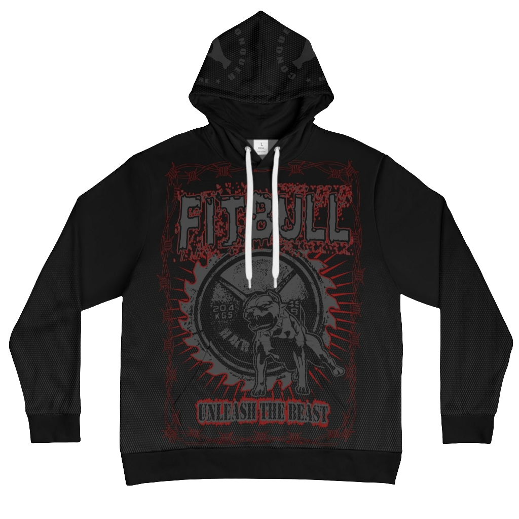 a Fitbull black hoodie with motivation Unleash The Beast print front view