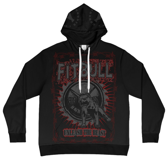 a Fitbull black hoodie with motivation Unleash The Beast print front view