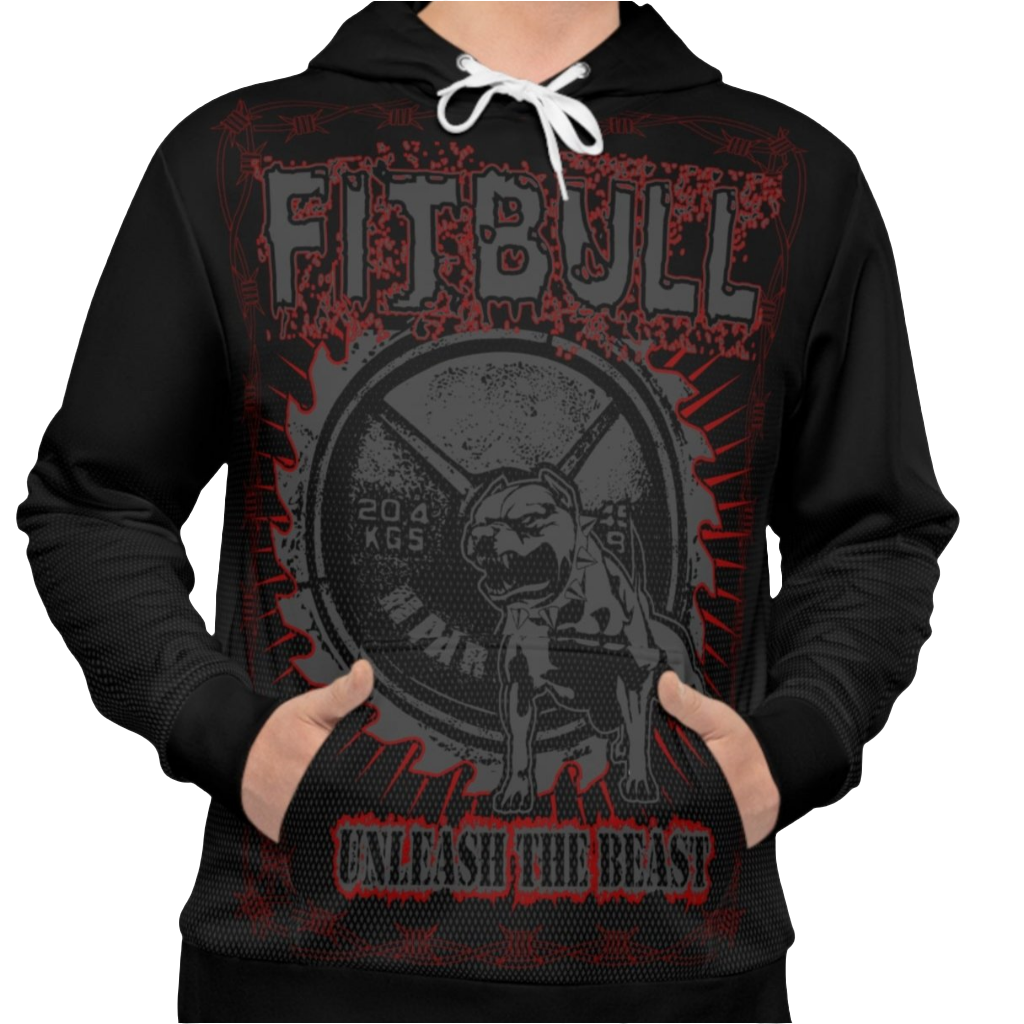 a Fitbull black hoodie with motivation Unleash The Beast print front close up view