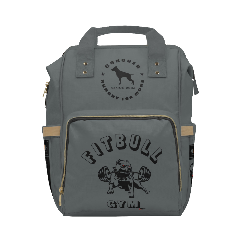 A gray FITBULL gym backpack with a logo that includes a stylized bull and the text 'FITBULL GYM', featuring multiple pockets and a padded shoulder strap design.