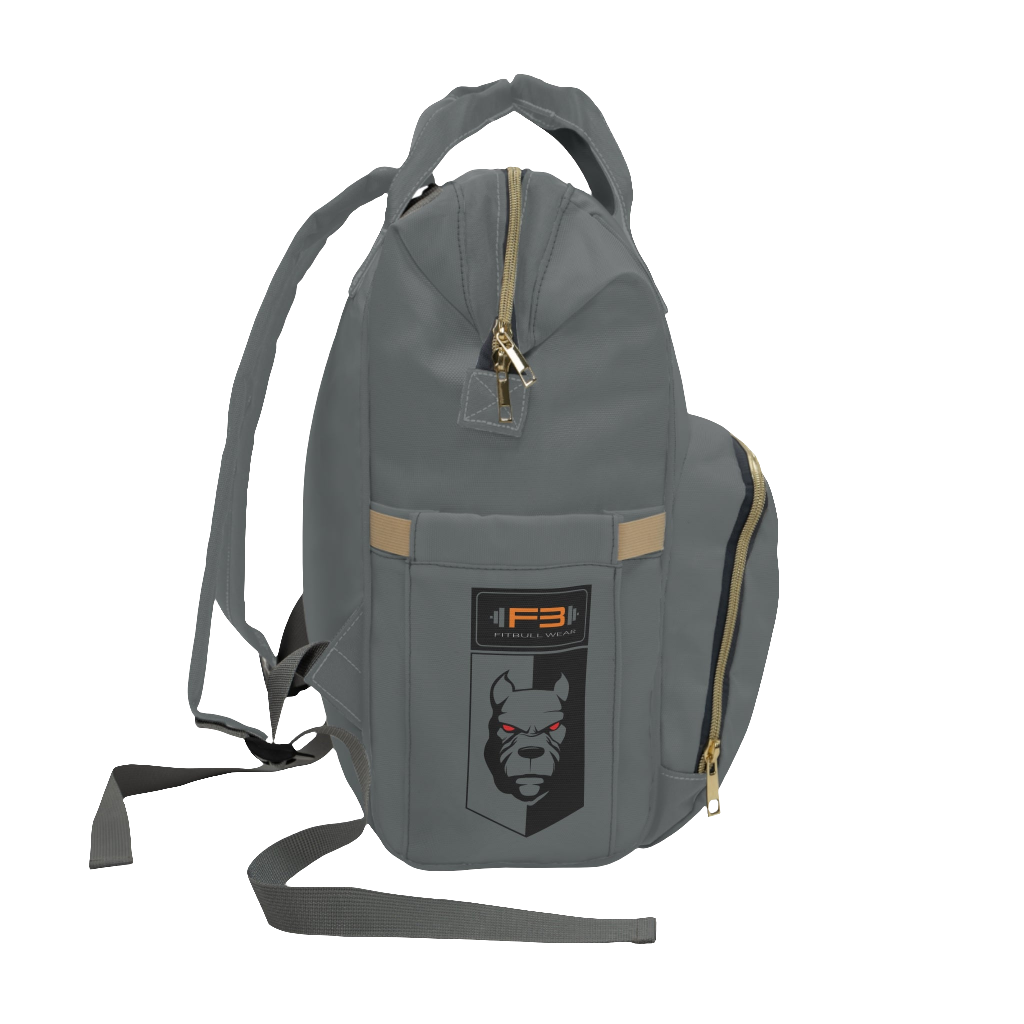 A gray FITBULL gym backpack with a logo that includes a stylized bull and the text 'FITBULL GYM', featuring multiple pockets and a padded shoulder strap design. Right side view.