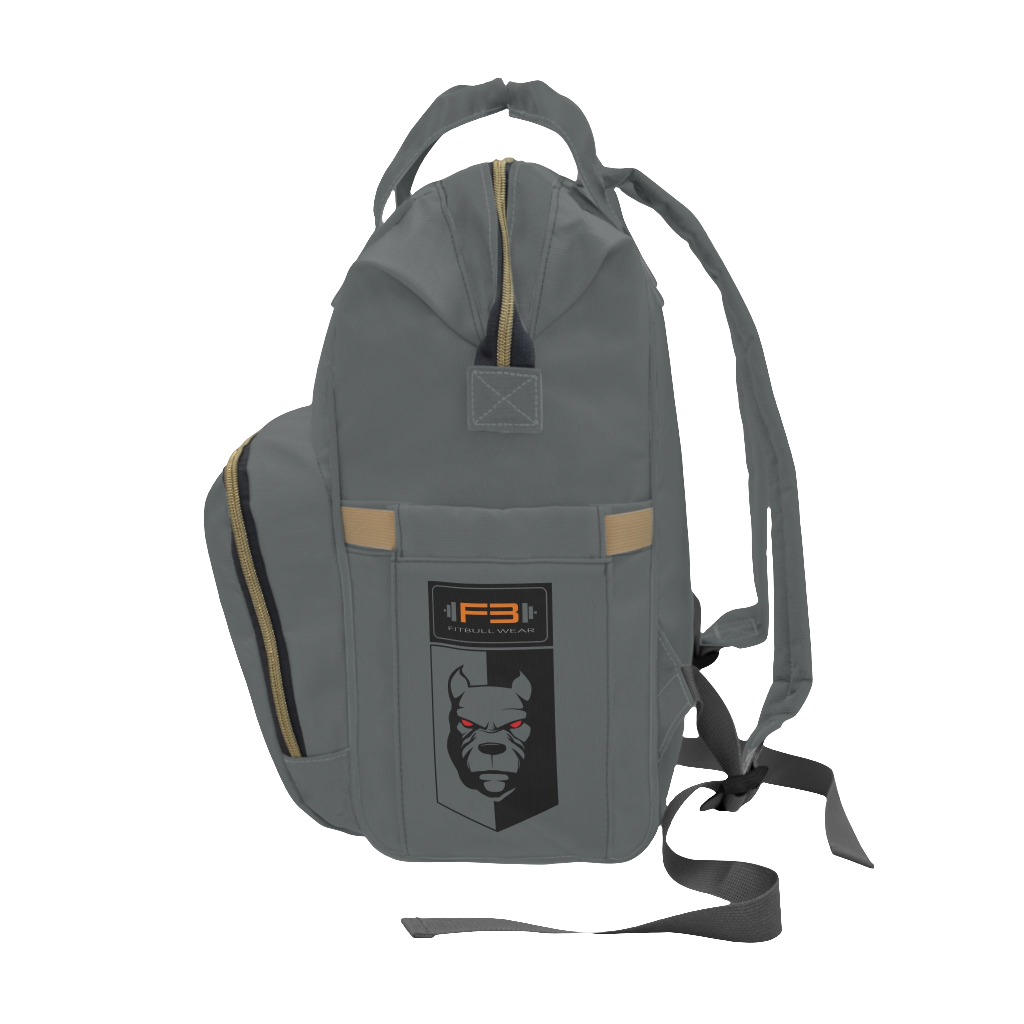 A gray FITBULL gym backpack with a logo that includes a stylized bull and the text 'FITBULL GYM', featuring multiple pockets and a padded shoulder strap design. Left side view.
