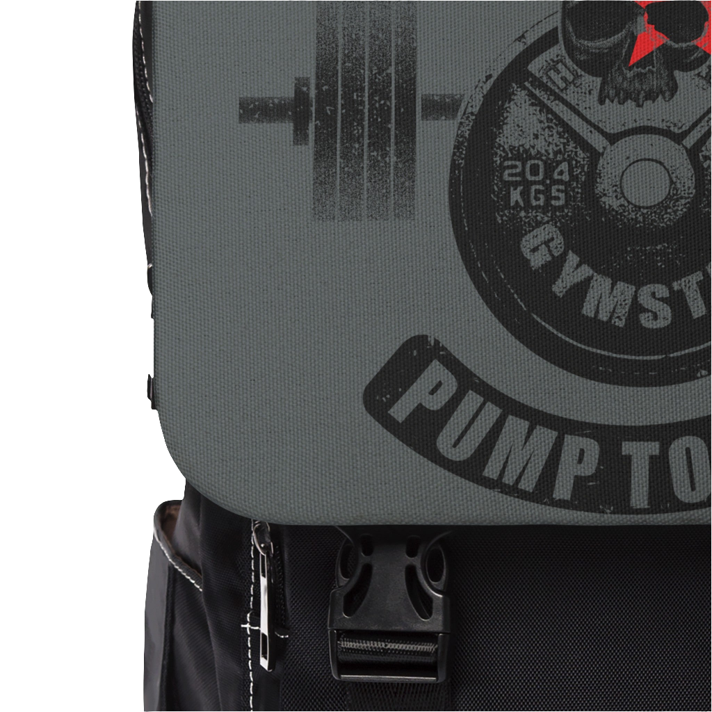 Gymstar backpack, Born to Pump, Pump to Live, branded with the company logo and a motivating fitness print, close up view.