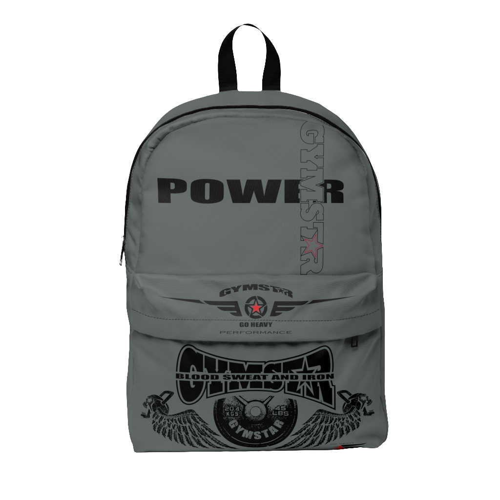 A gray Gymstar Blood Sweat and Iron backpack with multiple compartments and the brand's logo printed on the front, featuring the text 'POWER'.