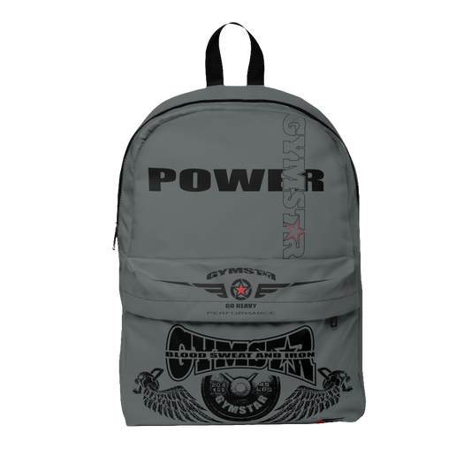 A gray Gymstar Blood Sweat and Iron backpack with multiple compartments and the brand's logo printed on the front, featuring the text 'POWER'.