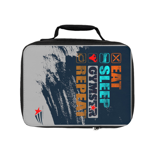 A black Gymstar brand lunch bag with a text and graphic design that includes the phrases 'EAT', 'SLEEP', 'REPEAT', and 'GYM', alongside a star symbol. The bag has a carry handle and a zippered closure.