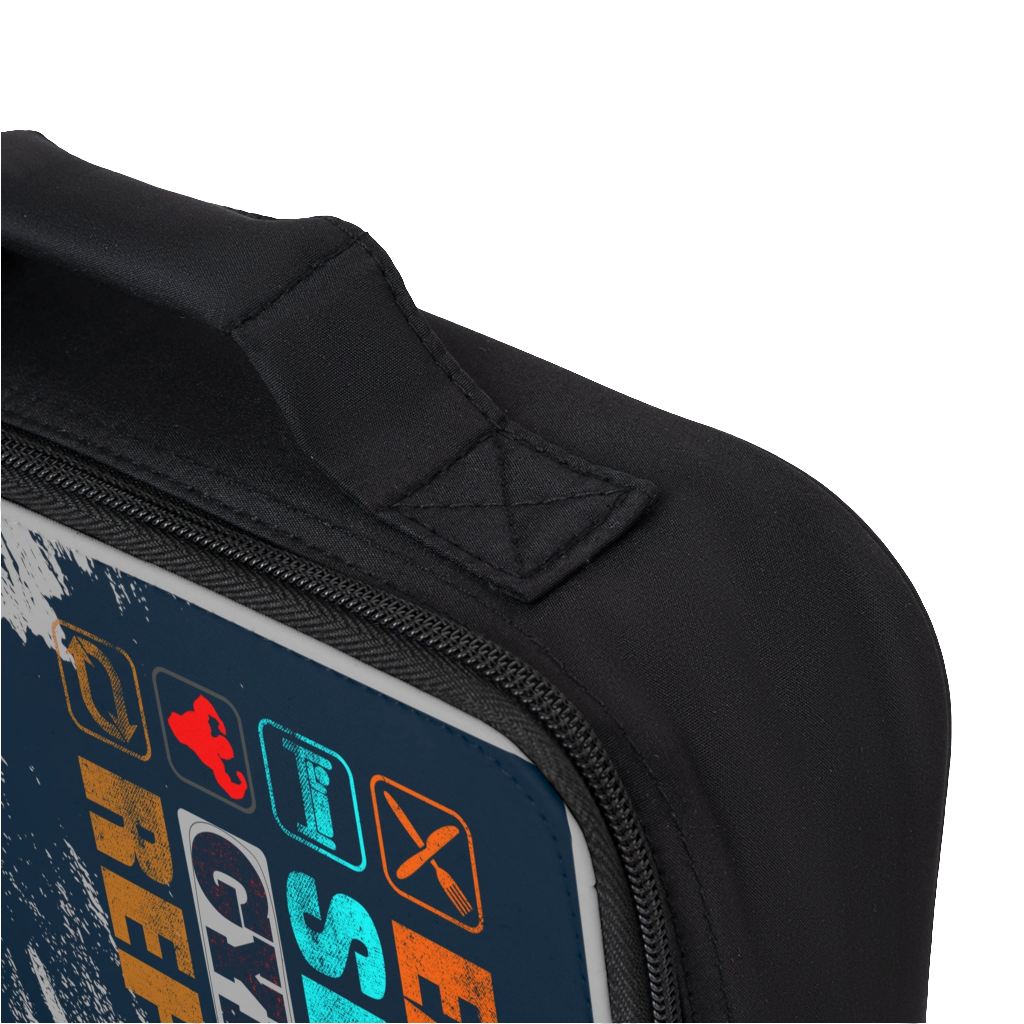 A black Gymstar brand lunch bag with a text and graphic design that includes the phrases 'EAT', 'SLEEP', 'REPEAT', and 'GYM', alongside a star symbol. The bag has a carry handle and a zippered closure, close up view.