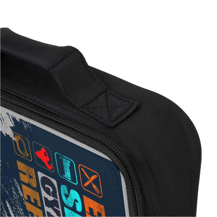 A black Gymstar brand lunch bag with a text and graphic design that includes the phrases 'EAT', 'SLEEP', 'REPEAT', and 'GYM', alongside a star symbol. The bag has a carry handle and a zippered closure, close up view.