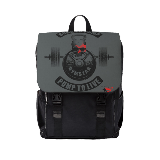 Gymstar backpack, Born to Pump, Pump to Live, branded with the company logo and a motivating fitness print.