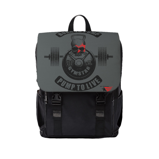 Gymstar backpack, Born to Pump, Pump to Live, branded with the company logo and a motivating fitness print.