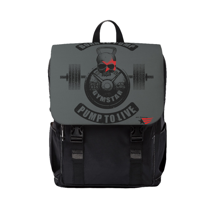 Gymstar backpack, Born to Pump, Pump to Live, branded with the company logo and a motivating fitness print.