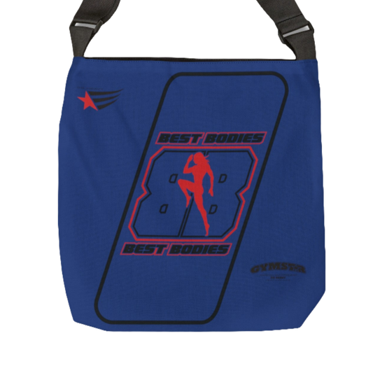 A blue tote Gymstar bag with a black star logo, red and white text 'Best Bodies', and additional branding on the side.